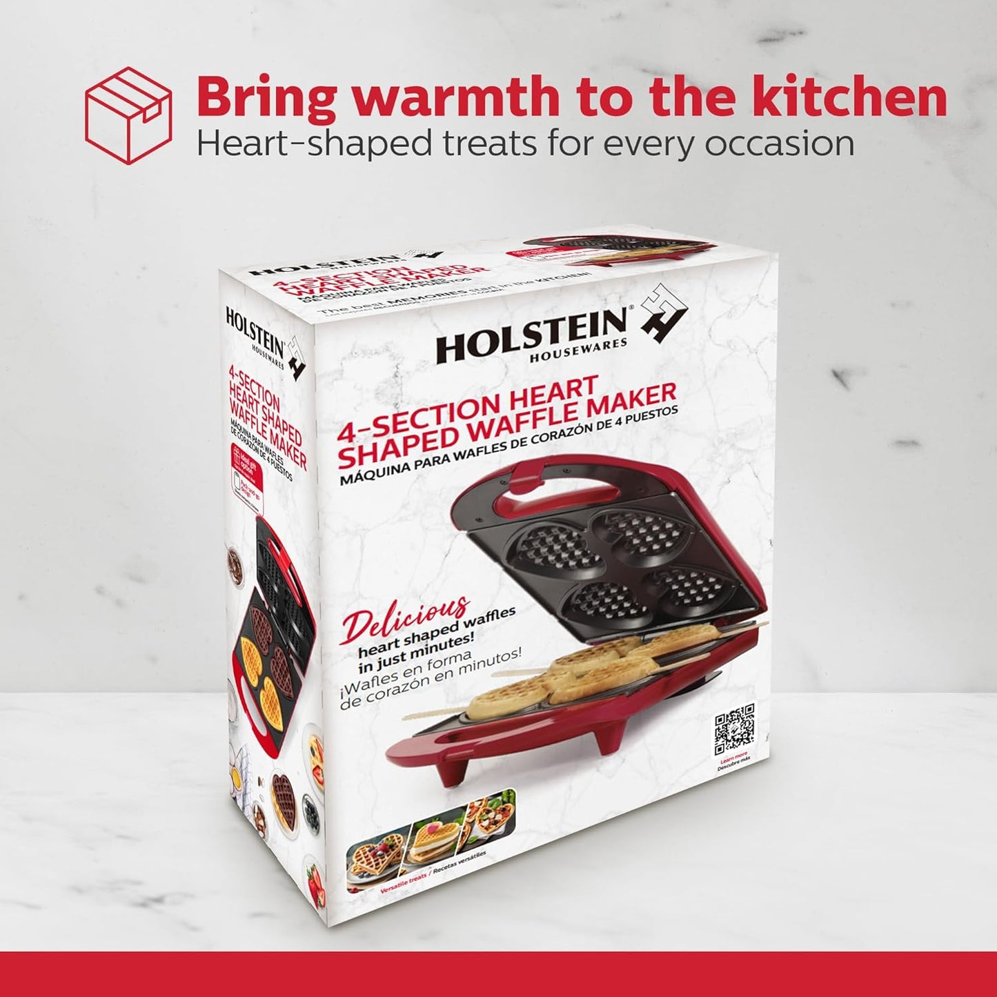 4-Section Heart Shaped Waffle Maker, Non-Stick Waffle Iron, Mini Waffle Maker for Kids, Non-Toxic Coating, Easy to Clean, Makes 4 Heart-Shaped Waffles in Minutes, Red