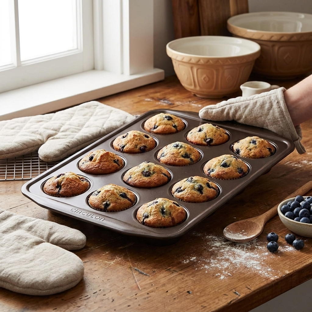 Nonstick 12-Cup Muffin Tin, Brown Steel