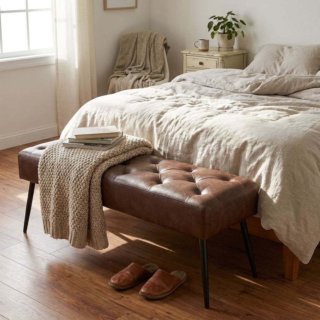 Button-Tufted Upholstered Ottoman Bench, Dark Brown