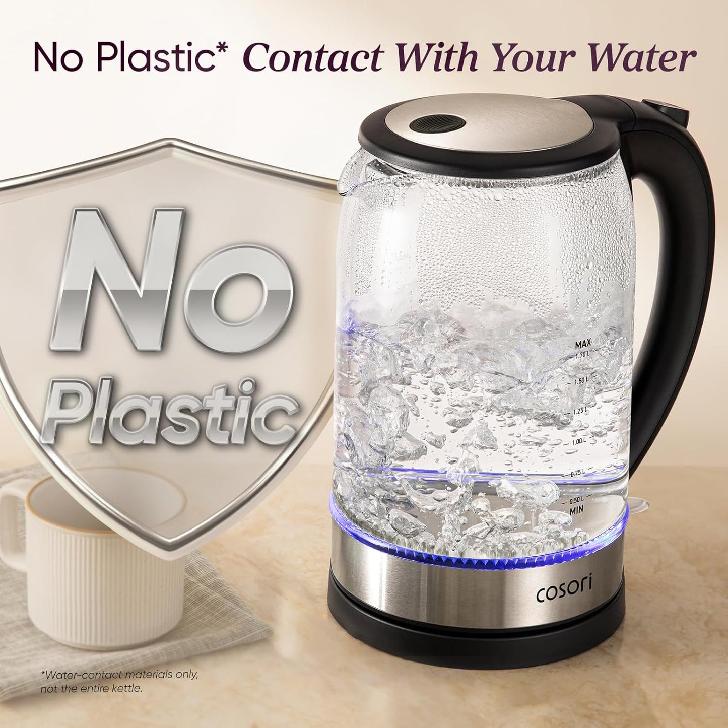 Electric Kettle, No Plastic Contact with Water, 1.7L, Black | Wide Opening, Easy to Clean, Auto Shut-Off, Boil-Dry Protection, Tea Kettle, Hot Water Boiler, Borosilicate Glass, 1500W