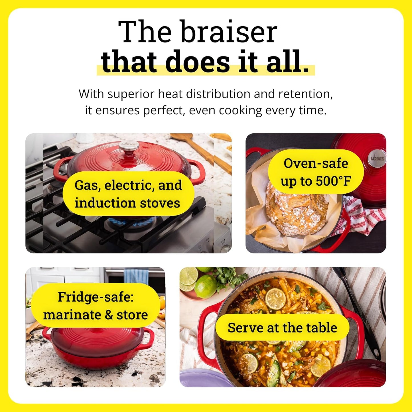 Essential Enamel Braiser 3.5 Quart - Refrigerator- & Oven-Safe up to 500° F - Heat-Retaining, Induction-Safe & Pfas-Free Enamel Cookware - Island Spice Red