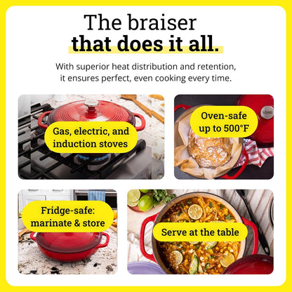Essential Enamel Braiser 3.5 Quart - Refrigerator- & Oven-Safe up to 500° F - Heat-Retaining, Induction-Safe & Pfas-Free Enamel Cookware - Island Spice Red
