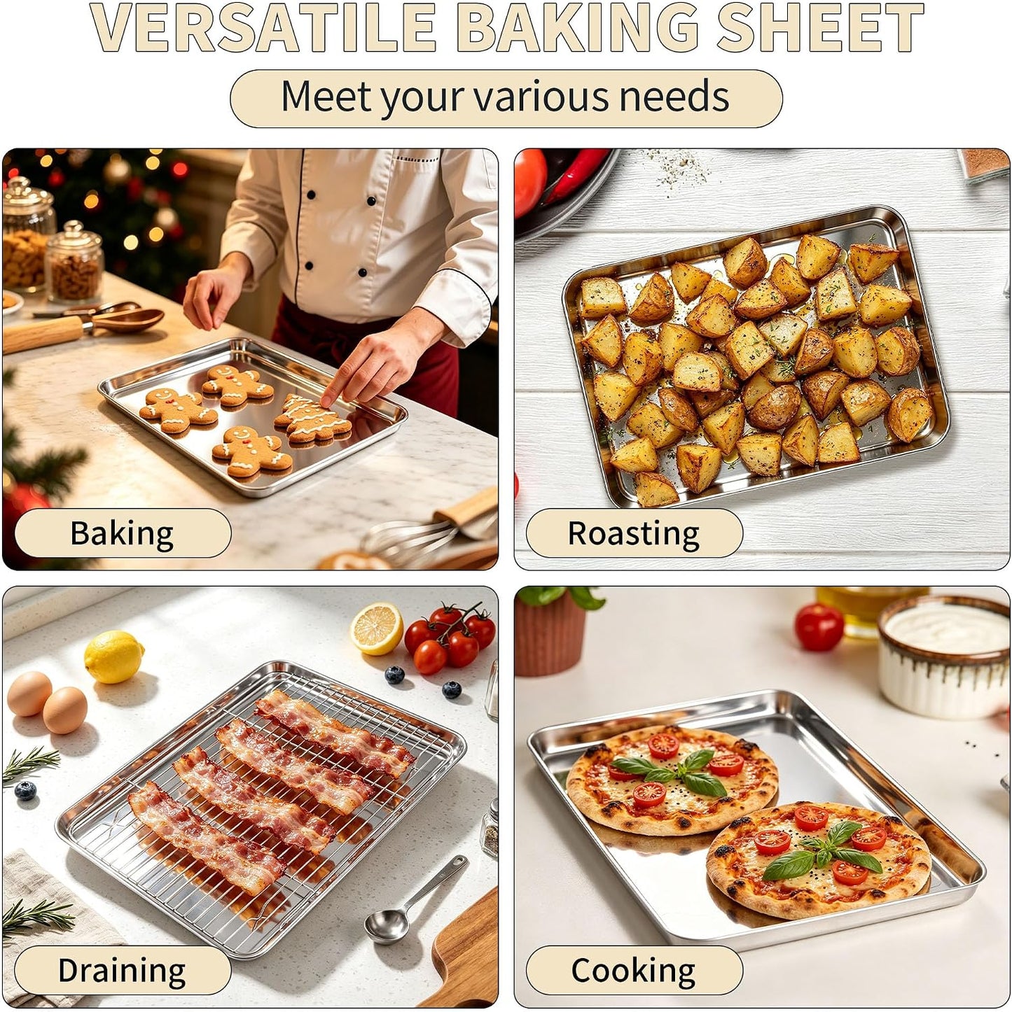 Stainless Steel Baking Sheet with Rack Set, 16"X12"X1" | 2 Pans + 2 Racks, Cookie Sheet Baking Pan Tray with Cooling Rack for Cooking, Non-Toxic & Rust Proof, Dishwasher Safe