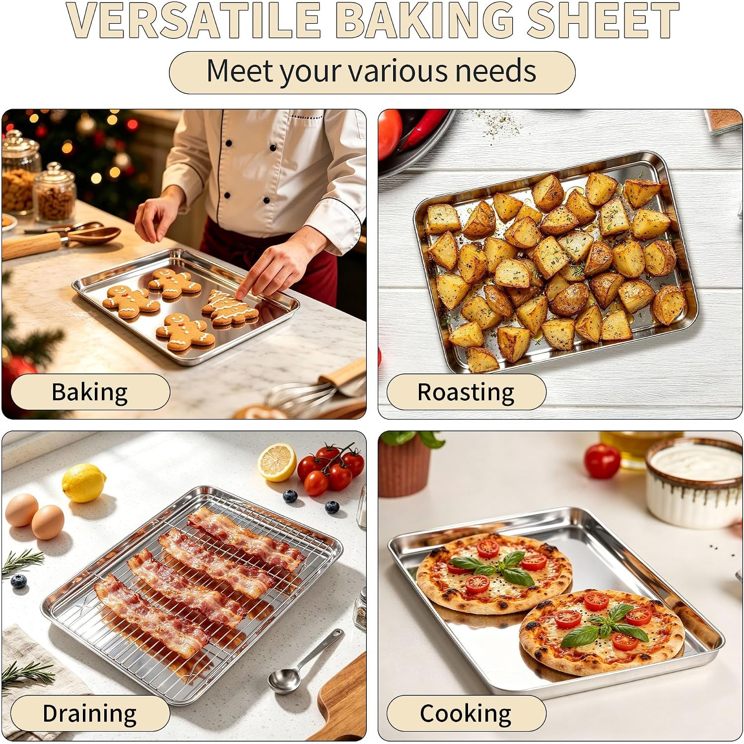 Stainless Steel Baking Sheet with Rack Set, 16"X12"X1" | 2 Pans + 2 Racks, Cookie Sheet Baking Pan Tray with Cooling Rack for Cooking, Non-Toxic & Rust Proof, Dishwasher Safe