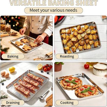 Stainless Steel Baking Sheet with Rack Set, 16"X12"X1" | 2 Pans + 2 Racks, Cookie Sheet Baking Pan Tray with Cooling Rack for Cooking, Non-Toxic & Rust Proof, Dishwasher Safe