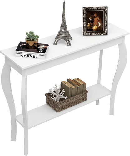 39" Narrow Entryway Table with Storage Shelf, White | Console Table with Curved Legs, Chic Accent Sofa Table with Shelves for Entryway, Living Room, Hallway