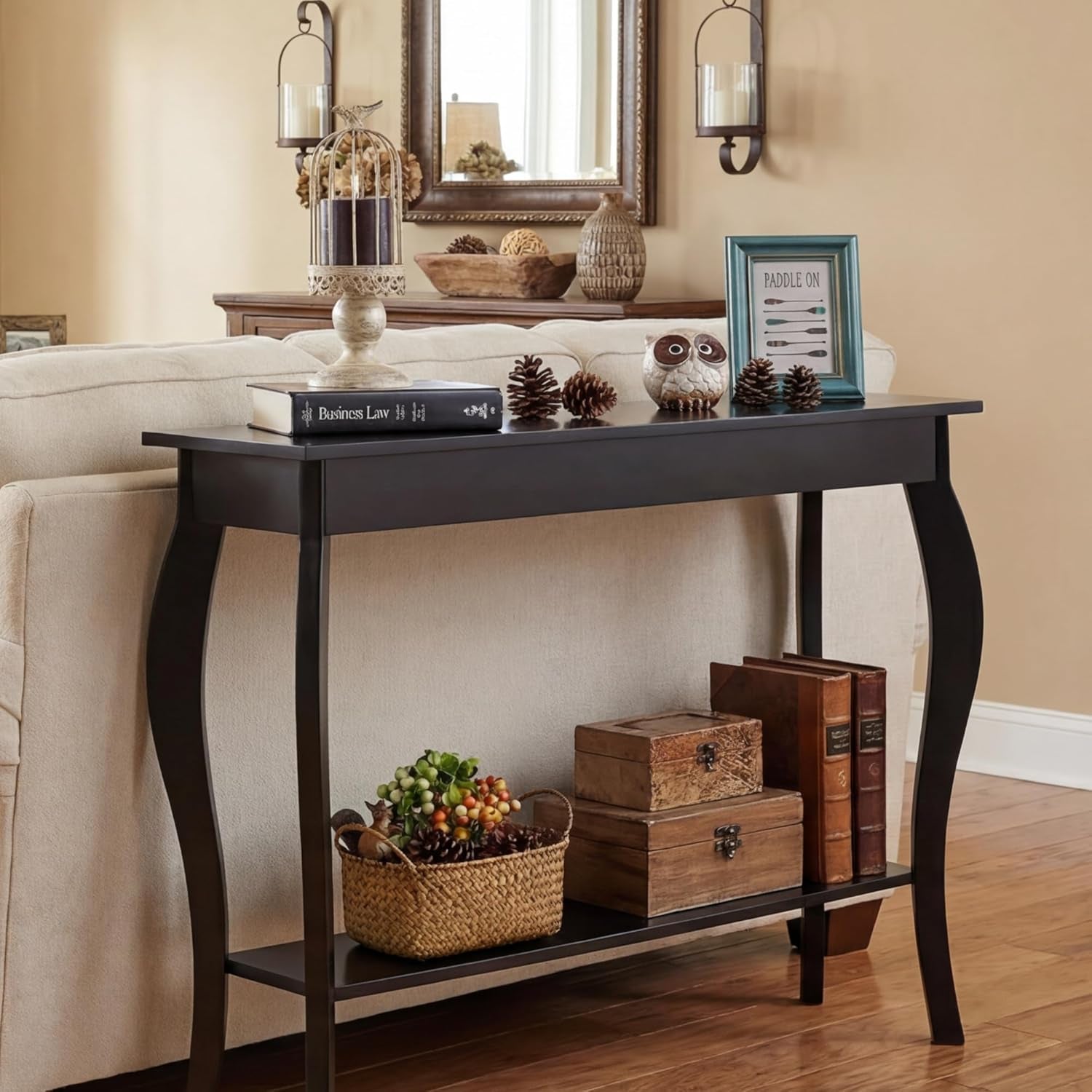 39" Narrow Entryway Table with Storage Shelf, Black | Console Table with Curved Legs, Chic Accent Sofa Table with Shelves for Entryway, Living Room, Hallway