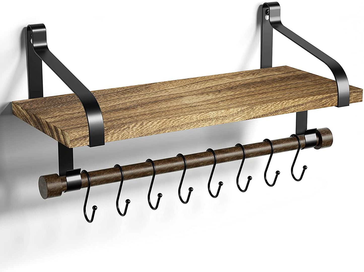 17.3"Floating Wall Shelf Solid Wood,Coffee Bar Carbonized Black | Spice Rack,Towel Bar/8 Hooks,40 Lbs/Shelf,Easy to Install,For Kitchen,Bathroom,Living Room,Bedroom,Office,Entryway Display