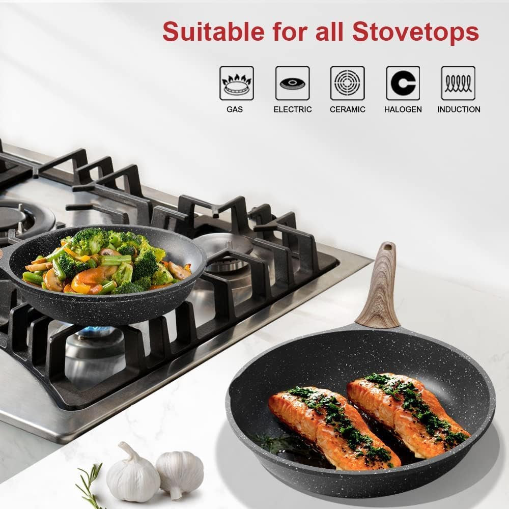 Nonstick Granite Frying Pan Skillet 9.5 Inch for Stove Top | Non Stick Omelette Fry Pans, Omelet Egg Pan, Stone Cookware Chef'S Pan, Induction Compatible, PFOA Free Gray