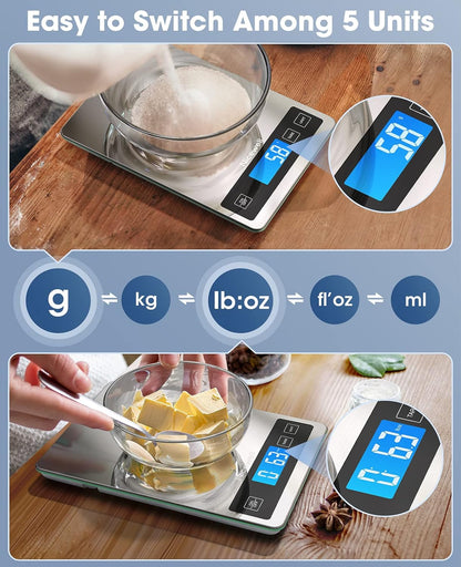 Food Scale 22Lb Digital Kitchen Scale for Cooking Baking | 1G/0.1Oz Precise Graduation, Backlit LCD, Tare Function, Weight Grams and Oz, Easy Clean Stainless Steel and Tempered Glass