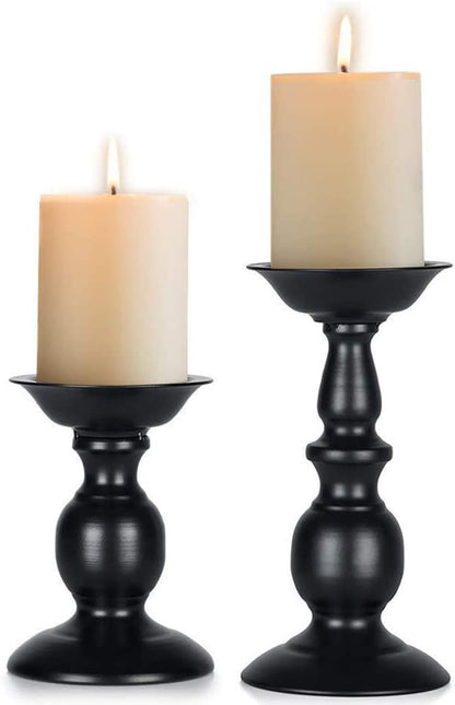 Black Candle Holder for Pillars: Rustic Metal Candle Stands Set | Tall Retro Farmhouse Candleholder 2 Pcs (S + L) for Halloween Fall Easter Fireplace Home Table Centerpiece