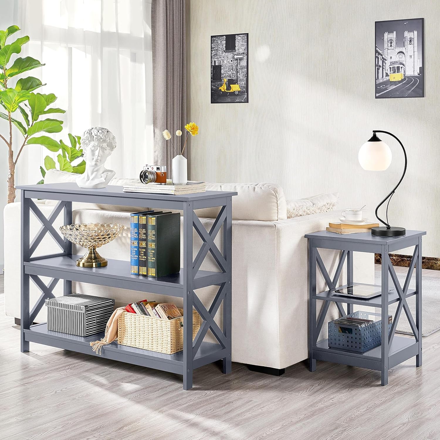 Yaheetech 42"L Console Table 3-Tier Narrow X-Frame Open Storage Shelf, Gray | Sofa Table for Entryway, Hallway and Living Room, Slim 14" Depth, Powder-Coated MDF, 88 Lb Top Load, Easy Assembly
