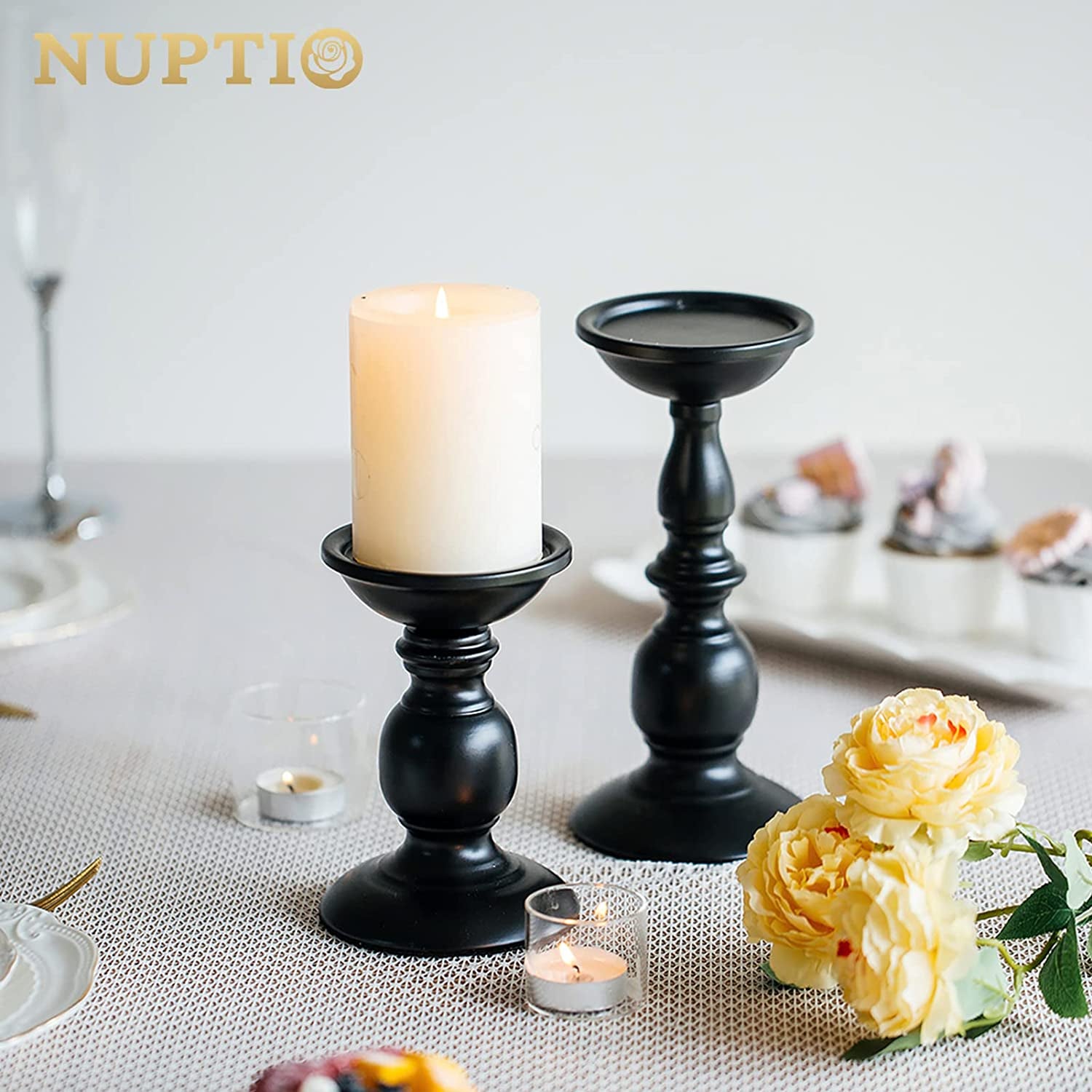 Black Candle Holder for Pillars: Rustic Metal Candle Stands Set | Tall Retro Farmhouse Candleholder 2 Pcs (S + L) for Halloween Fall Easter Fireplace Home Table Centerpiece