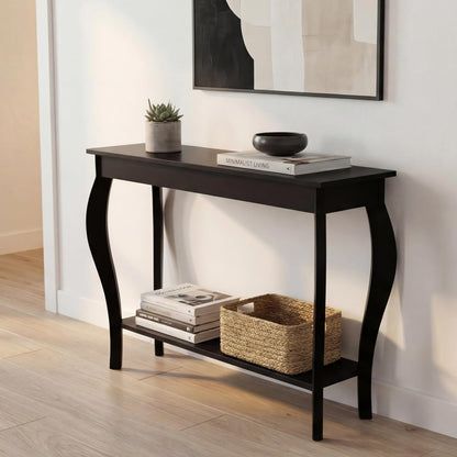39" Narrow Entryway Table with Storage Shelf, Black | Console Table with Curved Legs, Chic Accent Sofa Table with Shelves for Entryway, Living Room, Hallway