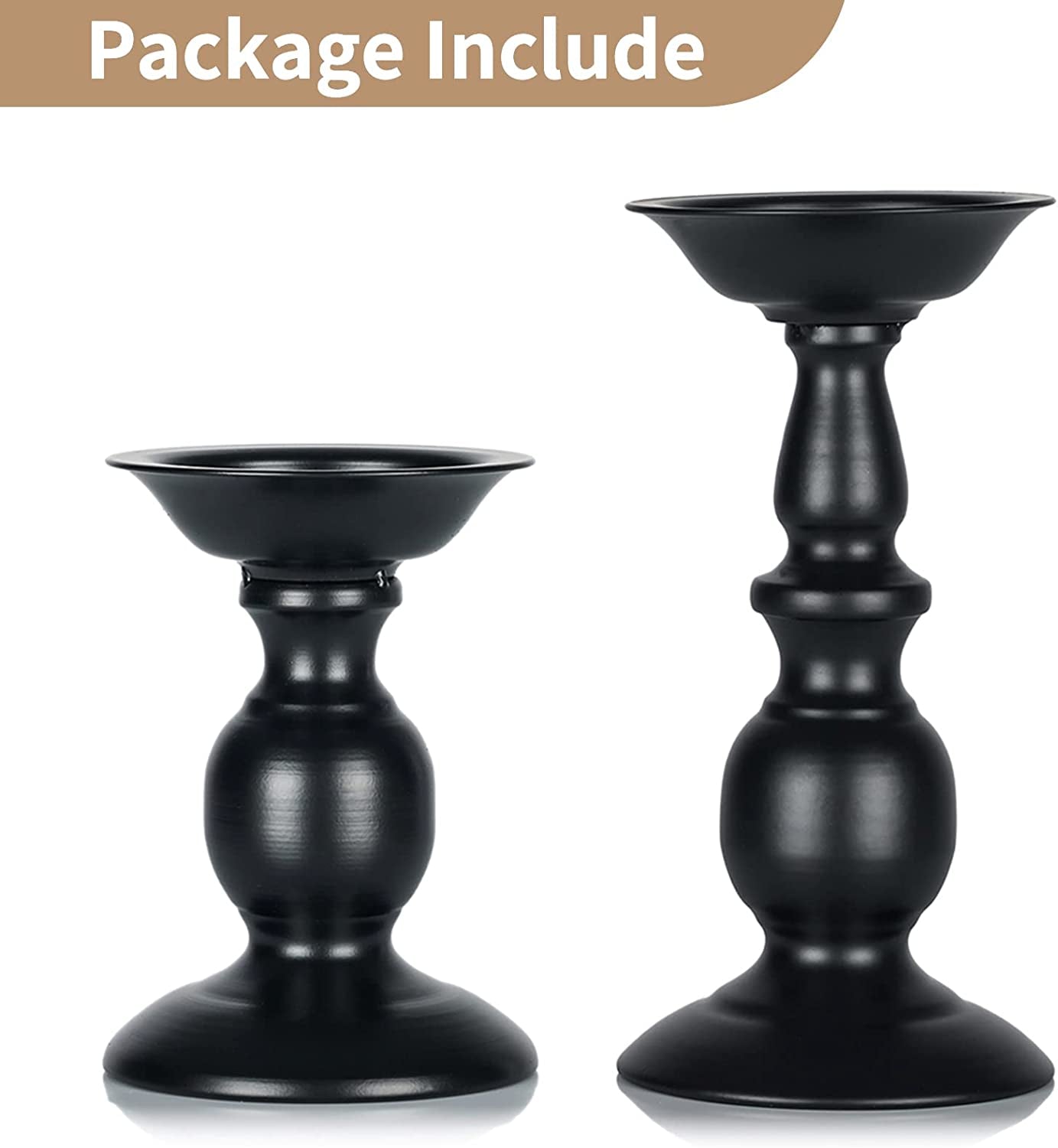 Black Candle Holder for Pillars: Rustic Metal Candle Stands Set | Tall Retro Farmhouse Candleholder 2 Pcs (S + L) for Halloween Fall Easter Fireplace Home Table Centerpiece