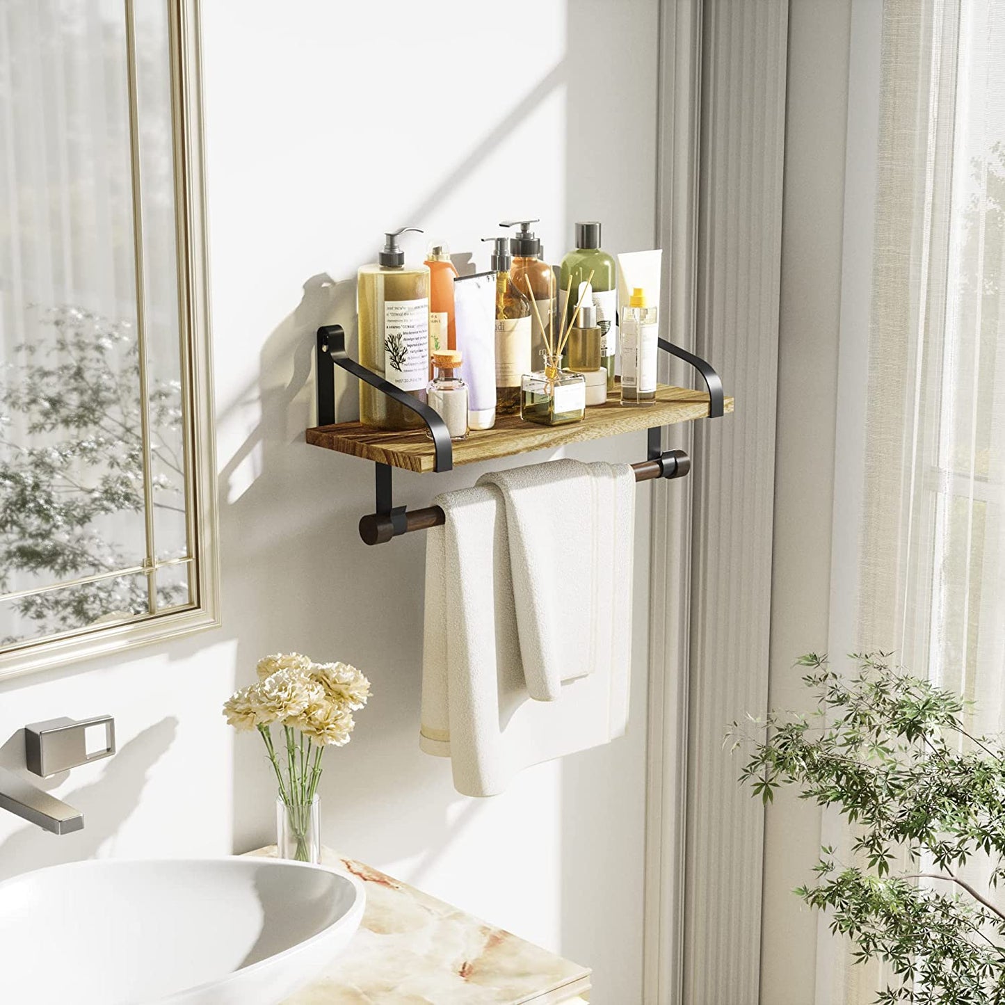 17.3"Floating Wall Shelf Solid Wood,Coffee Bar Carbonized Black | Spice Rack,Towel Bar/8 Hooks,40 Lbs/Shelf,Easy to Install,For Kitchen,Bathroom,Living Room,Bedroom,Office,Entryway Display