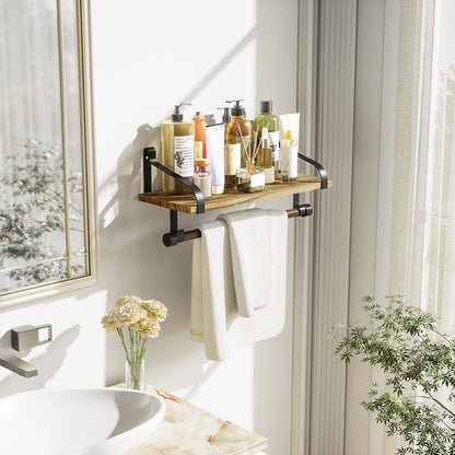 17.3"Floating Wall Shelf Solid Wood,Coffee Bar Carbonized Black | Spice Rack,Towel Bar/8 Hooks,40 Lbs/Shelf,Easy to Install,For Kitchen,Bathroom,Living Room,Bedroom,Office,Entryway Display