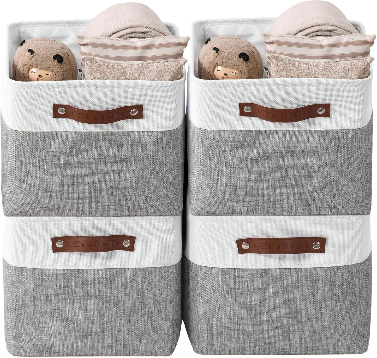 Storage Bins, Large Fabric Storage Baskets for Shelves 4 Pack | 15 X 11 X 9.5 Inches Decorative Linen Closet Organizers (Grey & White)
