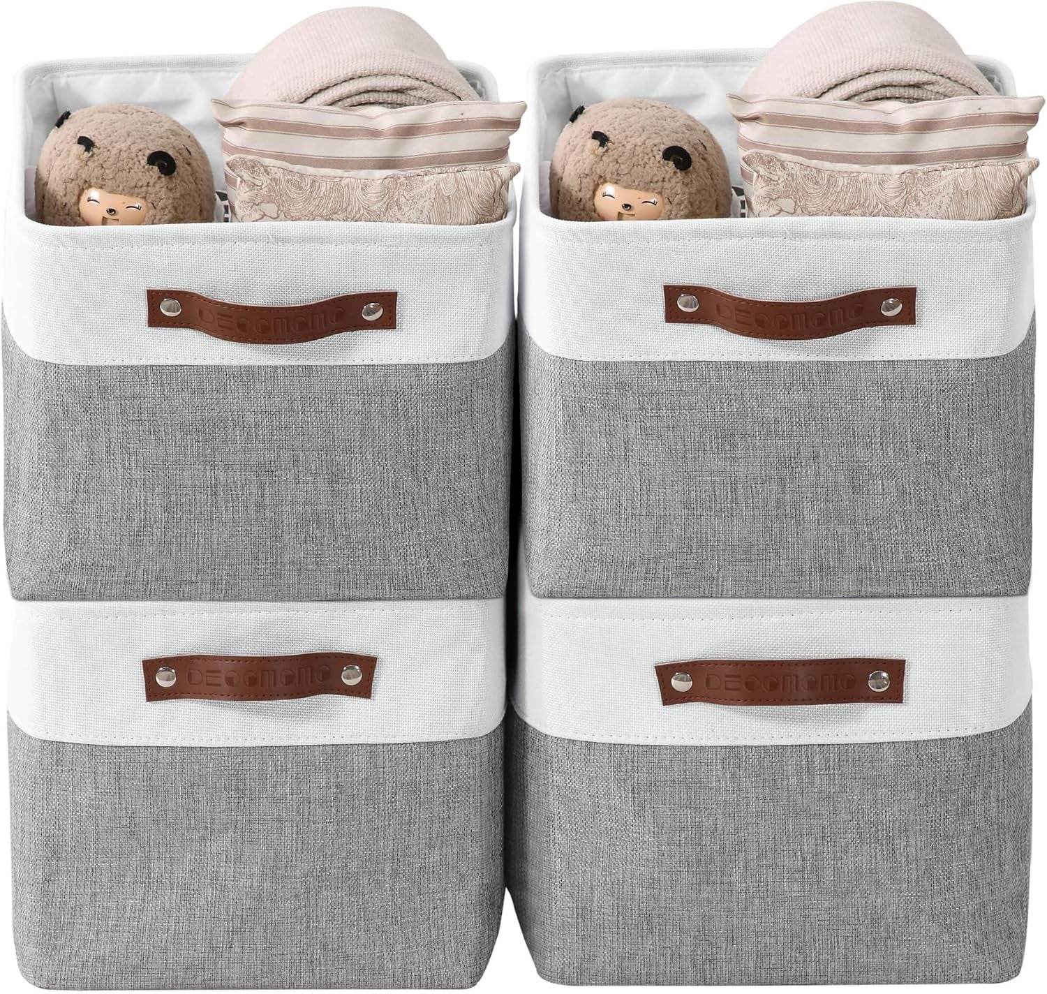 Storage Bins, Large Fabric Storage Baskets for Shelves 4 Pack | 15 X 11 X 9.5 Inches Decorative Linen Closet Organizers (Grey & White)