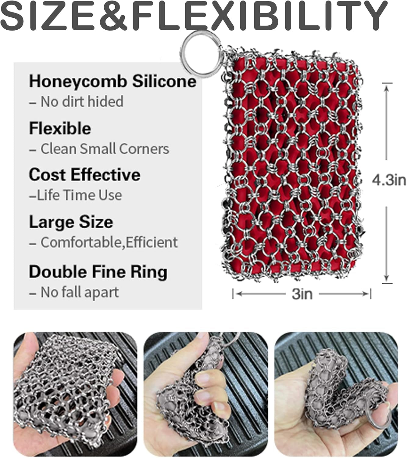 316L Cast Iron Scrubber Cleaner, Large Cast Iron Chain Mail Scrubber | Chainmail Scrubber for Cast Iron Cleaning, Skillet, Pan, Pot, Wok,Dutch Oven,Chainmail Scrubber Sponge Cleaning Kit-Red