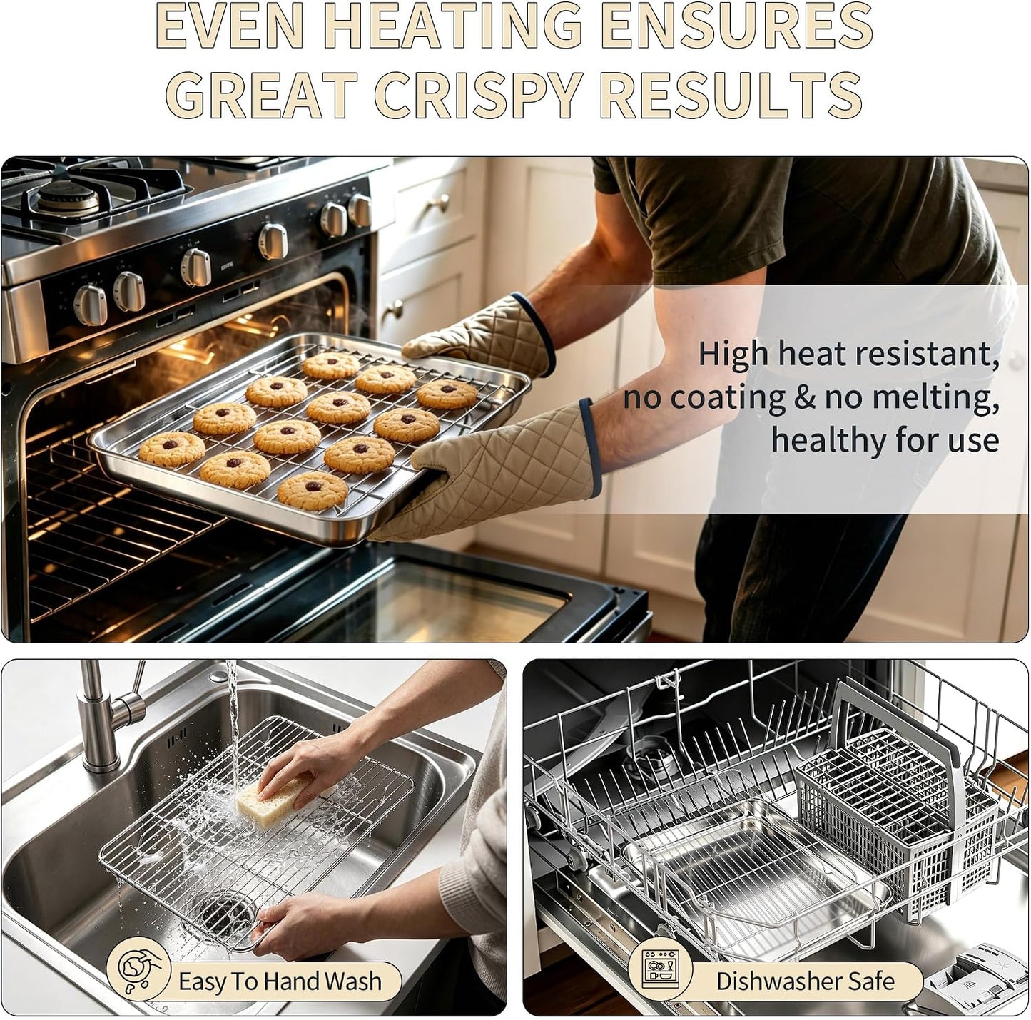Stainless Steel Baking Sheet with Rack Set, 16"X12"X1" | 2 Pans + 2 Racks, Cookie Sheet Baking Pan Tray with Cooling Rack for Cooking, Non-Toxic & Rust Proof, Dishwasher Safe