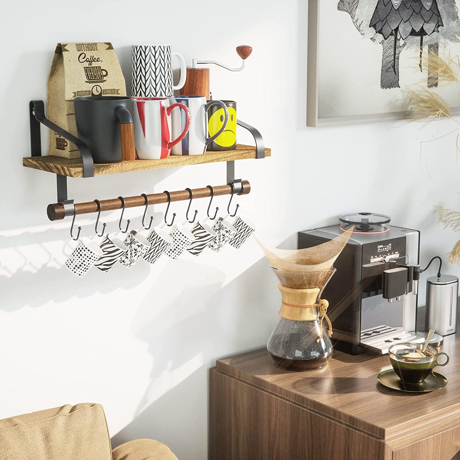 17.3"Floating Wall Shelf Solid Wood,Coffee Bar Carbonized Black | Spice Rack,Towel Bar/8 Hooks,40 Lbs/Shelf,Easy to Install,For Kitchen,Bathroom,Living Room,Bedroom,Office,Entryway Display
