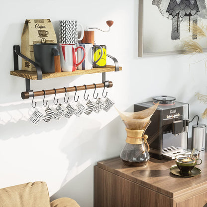 17.3"Floating Wall Shelf Solid Wood,Coffee Bar Carbonized Black | Spice Rack,Towel Bar/8 Hooks,40 Lbs/Shelf,Easy to Install,For Kitchen,Bathroom,Living Room,Bedroom,Office,Entryway Display