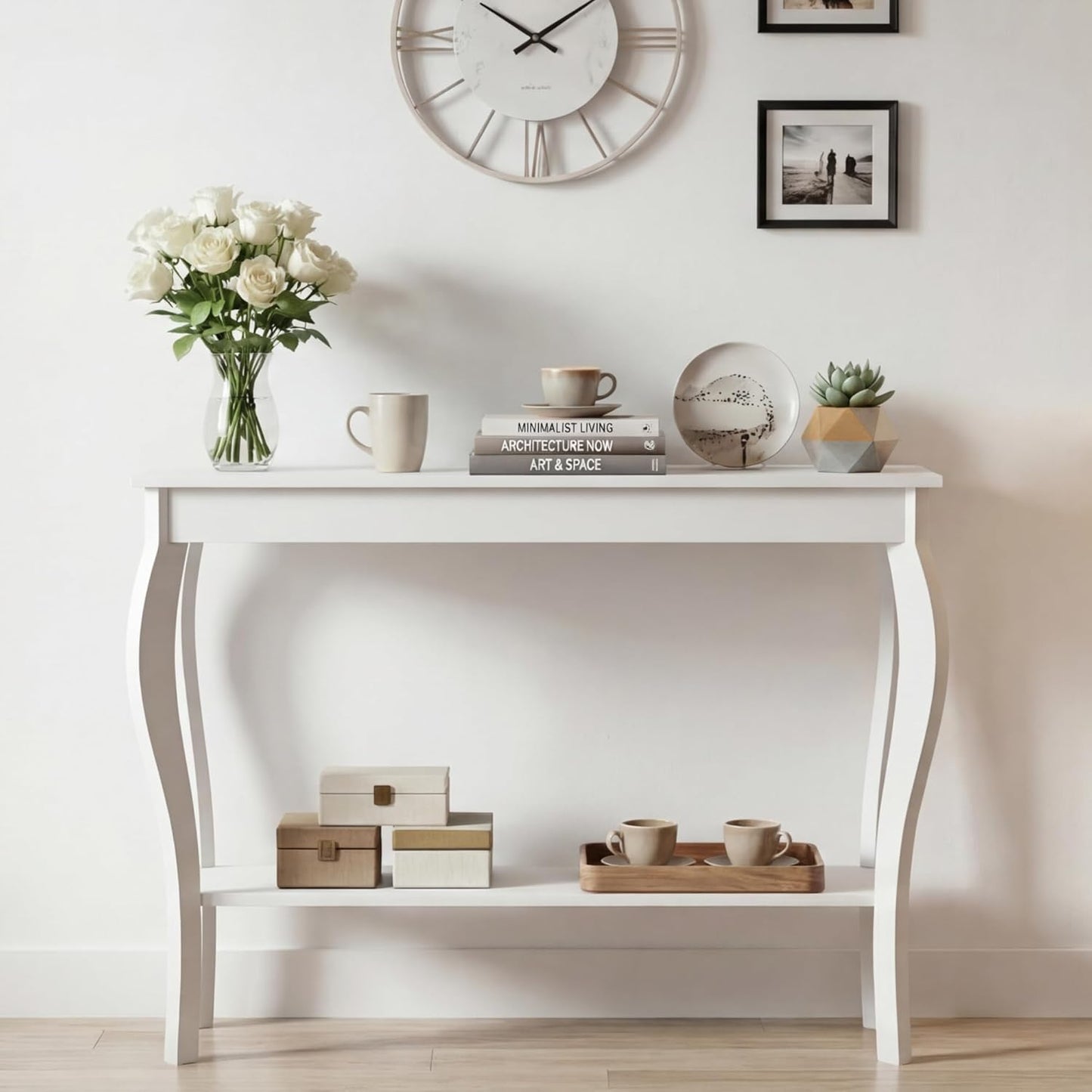 39" Narrow Entryway Table with Storage Shelf, White | Console Table with Curved Legs, Chic Accent Sofa Table with Shelves for Entryway, Living Room, Hallway