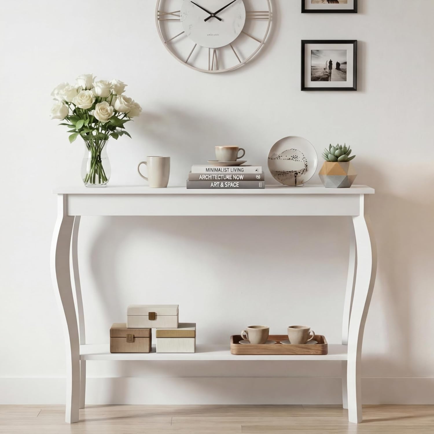 39" Narrow Entryway Table with Storage Shelf, White | Console Table with Curved Legs, Chic Accent Sofa Table with Shelves for Entryway, Living Room, Hallway