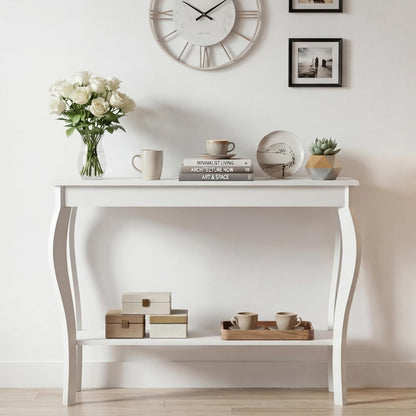 39" Narrow Entryway Table with Storage Shelf, White | Console Table with Curved Legs, Chic Accent Sofa Table with Shelves for Entryway, Living Room, Hallway