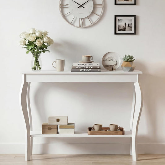 39" Narrow Entryway Table with Storage Shelf, White | Console Table with Curved Legs, Chic Accent Sofa Table with Shelves for Entryway, Living Room, Hallway