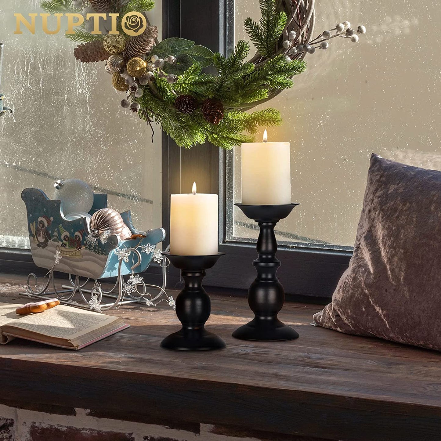 Black Candle Holder for Pillars: Rustic Metal Candle Stands Set | Tall Retro Farmhouse Candleholder 2 Pcs (S + L) for Halloween Fall Easter Fireplace Home Table Centerpiece
