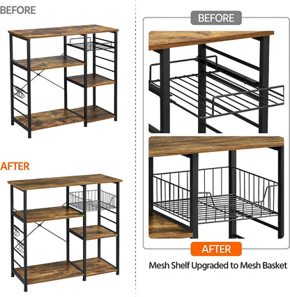Yaheetech 4-Tier Bakers Rack,Microwave Stand for Coffee Bar,Rustic Brown | Metal Coffee Station, Kitchen Racks Shelf with Storage,Wire Basket, Hooks,Adjustable Feet for Kitchenette,Small Apartment