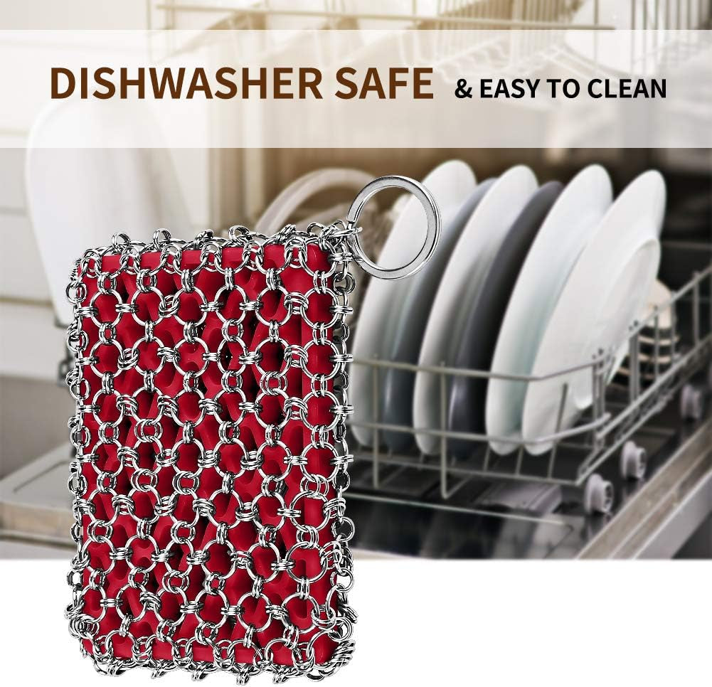 316L Cast Iron Scrubber Cleaner, Large Cast Iron Chain Mail Scrubber | Chainmail Scrubber for Cast Iron Cleaning, Skillet, Pan, Pot, Wok,Dutch Oven,Chainmail Scrubber Sponge Cleaning Kit-Red