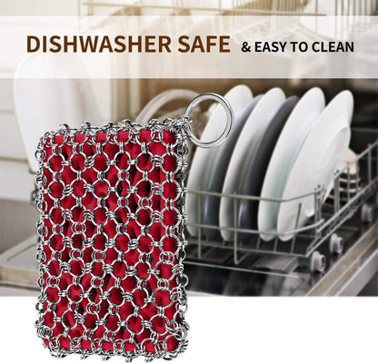 316L Cast Iron Scrubber Cleaner, Large Cast Iron Chain Mail Scrubber | Chainmail Scrubber for Cast Iron Cleaning, Skillet, Pan, Pot, Wok,Dutch Oven,Chainmail Scrubber Sponge Cleaning Kit-Red