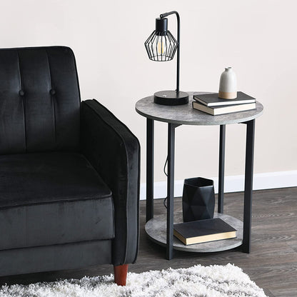 Jamestown round Side End Table with Storage Shelf Rustic Slate Concrete and Black Metal