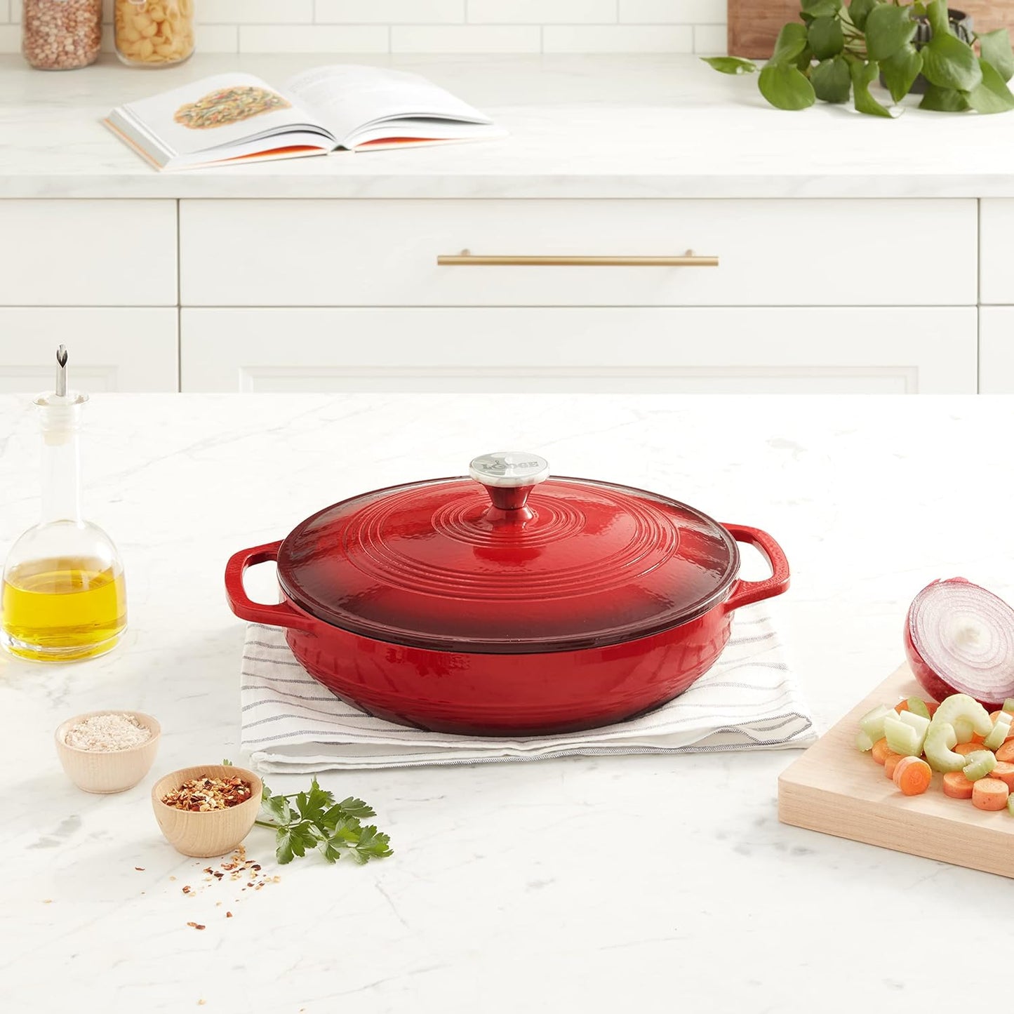 Essential Enamel Braiser 3.5 Quart - Refrigerator- & Oven-Safe up to 500° F - Heat-Retaining, Induction-Safe & Pfas-Free Enamel Cookware - Island Spice Red