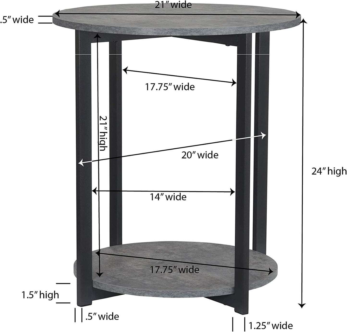 Jamestown round Side End Table with Storage Shelf Rustic Slate Concrete and Black Metal