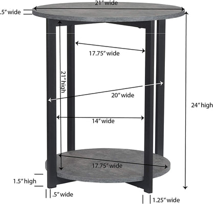 Jamestown round Side End Table with Storage Shelf Rustic Slate Concrete and Black Metal