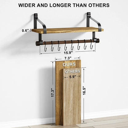 17.3"Floating Wall Shelf Solid Wood,Coffee Bar Carbonized Black | Spice Rack,Towel Bar/8 Hooks,40 Lbs/Shelf,Easy to Install,For Kitchen,Bathroom,Living Room,Bedroom,Office,Entryway Display