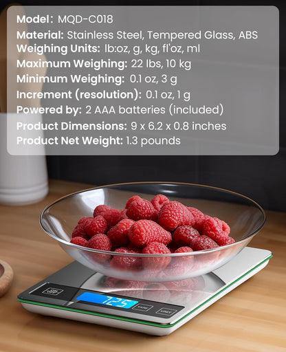 Food Scale 22Lb Digital Kitchen Scale for Cooking Baking | 1G/0.1Oz Precise Graduation, Backlit LCD, Tare Function, Weight Grams and Oz, Easy Clean Stainless Steel and Tempered Glass