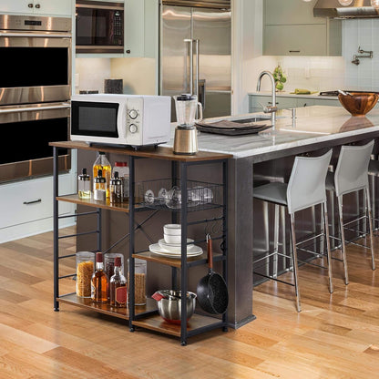Yaheetech 4-Tier Bakers Rack,Microwave Stand for Coffee Bar,Rustic Brown | Metal Coffee Station, Kitchen Racks Shelf with Storage,Wire Basket, Hooks,Adjustable Feet for Kitchenette,Small Apartment