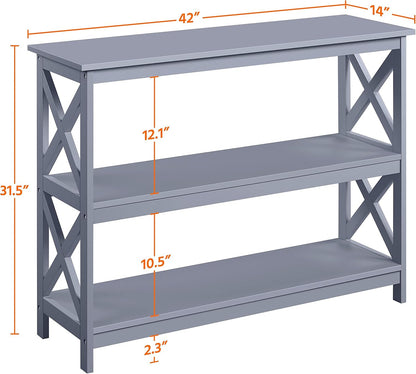 Yaheetech 42"L Console Table 3-Tier Narrow X-Frame Open Storage Shelf, Gray | Sofa Table for Entryway, Hallway and Living Room, Slim 14" Depth, Powder-Coated MDF, 88 Lb Top Load, Easy Assembly