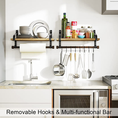 17.3"Floating Wall Shelf Solid Wood,Coffee Bar Carbonized Black | Spice Rack,Towel Bar/8 Hooks,40 Lbs/Shelf,Easy to Install,For Kitchen,Bathroom,Living Room,Bedroom,Office,Entryway Display