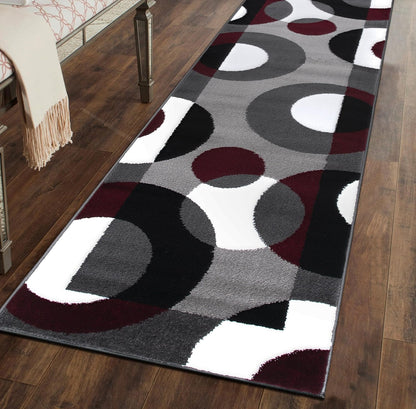 Circles Modern Soft Living Room Runner Rug Burgundy 2' X 7'2" | Rectangular, Size 2' X 7'2", Bedroom, Dining Room, Home Office, Kitchen, Entryway, Hallway, Nursery, Kids Room, Guest Room