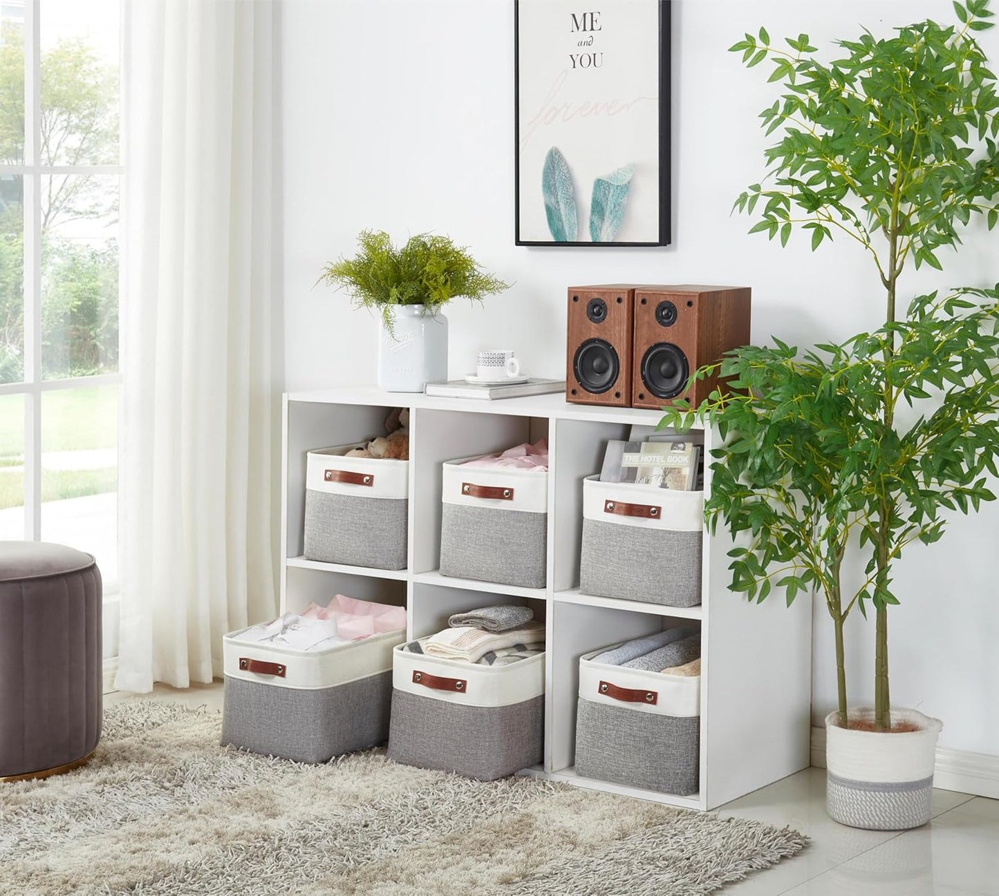 Storage Bins, Large Fabric Storage Baskets for Shelves 4 Pack | 15 X 11 X 9.5 Inches Decorative Linen Closet Organizers (Grey & White)