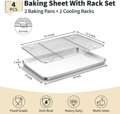 Stainless Steel Baking Sheet with Rack Set, 16"X12"X1" | 2 Pans + 2 Racks, Cookie Sheet Baking Pan Tray with Cooling Rack for Cooking, Non-Toxic & Rust Proof, Dishwasher Safe