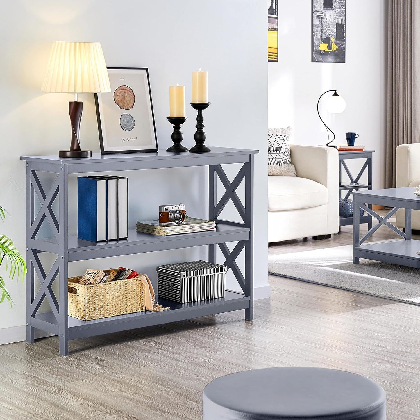 Yaheetech 42"L Console Table 3-Tier Narrow X-Frame Open Storage Shelf, Gray | Sofa Table for Entryway, Hallway and Living Room, Slim 14" Depth, Powder-Coated MDF, 88 Lb Top Load, Easy Assembly