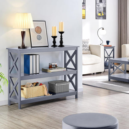 Yaheetech 42"L Console Table 3-Tier Narrow X-Frame Open Storage Shelf, Gray | Sofa Table for Entryway, Hallway and Living Room, Slim 14" Depth, Powder-Coated MDF, 88 Lb Top Load, Easy Assembly