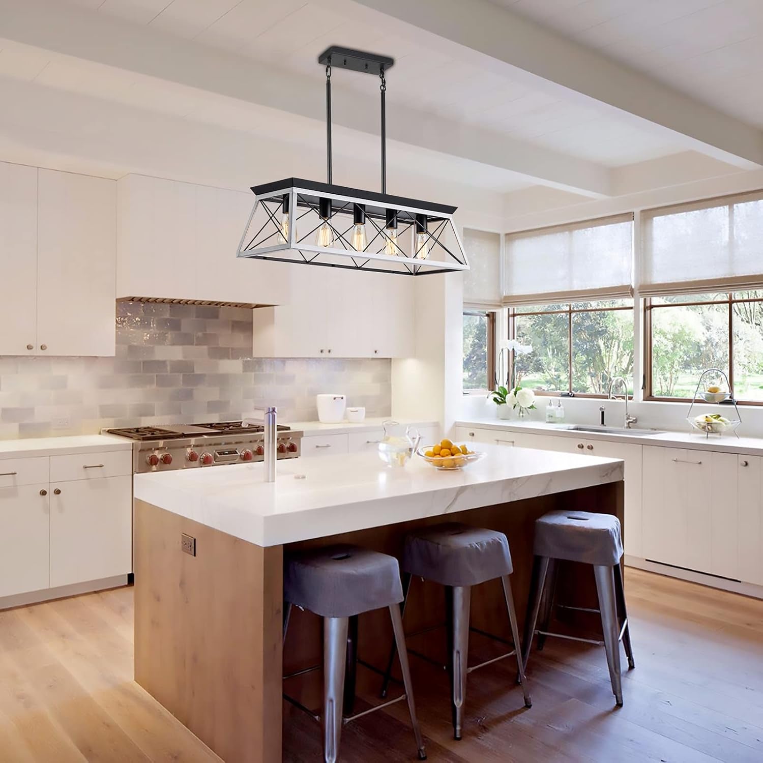 5-Light Pendant Lights Fixture, Farmhouse Chandeliers for Dining Room, Rustic Island Lights for Kitchen, Rectangular Chandelier Rustic Farmhouse Light Fxiture